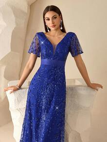 XUCTHHC Elegant V-Neck Butterfly Sleeve High-Quality Sequin A-Line Deep Blue Party Evening Gown, Formal Ball Dress, Wedding Guest, Holiday, Autumn/Winter - Royal Blue - View 10
