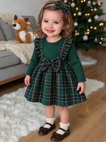 Baby Girls Cute Plaid Patchwork Ruffle Trim Long Sleeve Dress + Bow Hair Scrunchie - Dark Green - View 3