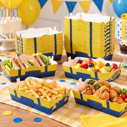 10/20/50 piezas,Mini cajas de almuerzo desechables con forma de barco con estampado de dibujos animados amarillos para fiesta de cumpleaños,Botes de aperitivos de feliz cumpleaños,Bandejas de comida con estampado de plátano para papas fritas, palomitas de maíz, perritos calientes,Baby-Shower,Cumpleaños,Festival,Eventos