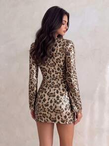 Sexy Fashion Brown Leopard Print Sequin Long Sleeve Flare Sleeve Mini Dress, Elegant Style - Brown - View 2