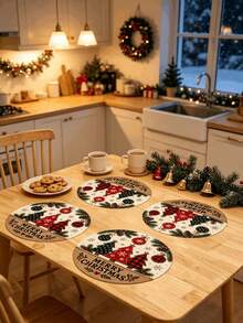 1/2/4pcs Christmas Placemats, Christmas Tree, Christmas Ball And Pine Cone Elements, Round Design, Linen Material, Suitable For Christmas Decoration, Family Gathering Party, Table Decor, Holiday Decor, Indoor Decor. - Multiple Styles - View 2