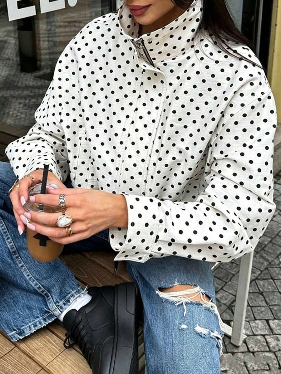 女款波點棒球夾克，立領設計附口袋，抽繩下擺長袖全開襟拉鍊秋季休閒外套