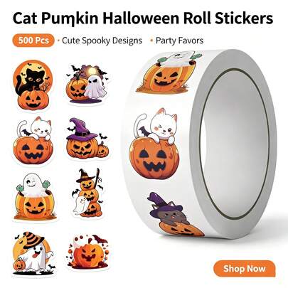 500pcs Cat Pumpkin Halloween Roll Stickers, Cute Black Cat Ghost Round Stickers, Self-Adhesive Decorative Decals, Suitable For Party Gifts Envelopes Scrapbook Decoration