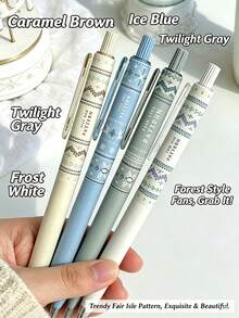 1/4pcs Winter Limited Fair Isle Sweater Pattern Quiet Click Neutral Pens, 4pcs Gift Box Set Ballpoint Pens, Quick-Drying Black Ink Pens, Vintage Mori Style High-Value Student Exam Prep Planner Stationery, Office And Study Supplies - Christmas Collection - View 8
