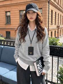 Y6Y Grey V-Neck Long Sleeve Women's 2026 New Autumn Slouchy Loose Knit Sweater - Grey - View 3