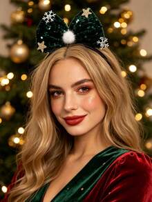 2/1pc Christmas Shiny Red & Green Sequin Large Bow Headband With Snowflake, Star And Pom Pom Decor, Women's Autumn/Winter Holiday Party Hair Accessory - Multicolor - View 3