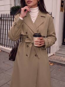 Women's Fashion Khaki Double-Breasted Mid-Length Lapel Coat, Vintage Tie Waist Long Sleeve Trench Jacket, Suitable For Autumn/Winter - Camel - View 6