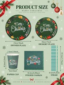 10/20pcs Christmas Disposable Paper Tableware Set, Includes 7-Inch And 9-Inch Plates, Cups, Napkins And Straws; Featuring Deep Green "Merry Christmas", Poinsettia And Bell Decorative Patterns, Suitable For Christmas Parties, Holiday Dinners, Winter Celebrations And Holiday Table Decor. - Multicolor 3 - View 2