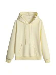 Unisex Thermal Lined Loose Fit All-Match Sweatshirt With Pockets And Drawstring, Long Sleeve Pullover Sweatshirt, Machine Washable, Warm Inner Lining - Apricot - View 4