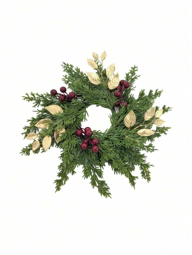 1/2pcs Red Berry & Gold Leaf Wreath - Artificial Green Pine Needle Candle Ring For Wedding Table Centerpiece, Holiday And Party Decor - A - View 14