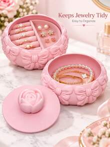 Pink Stackable Jewelry Box With Rose Lid, Embossed Bow Jewelry Organizer For Earrings, Necklaces & Bracelets, Round Trinket Storage Box For Vanity - Pink Flowers - View 6