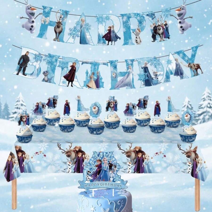 BUTTBILL مجموعة ديكور حفلة عيد ميلاد بموضوع Frozen، لافتة عيد ميلاد سعيد، مفرش طاولة & زينة الكب كيك، مستلزمات ديكور حفلة الثلج والجليد الشتوية للاحتفال - متعدد الألوان - مشاهدة 1