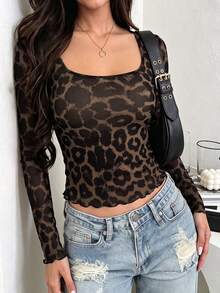 GLAMSKIN Women Fall Leopard Print Square Neck Mesh Long Sleeve Top,Ruffle Hem Slim Fit Cropped Tee,Glam Y2K Streetwear Hoco Casual Fall Fashion Outfit - Leopard Color - View 6