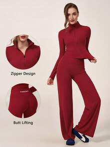 TimeOff Women's One Set Autumn/Winter Solid Color Stand Collar Jacket & High Waist Straight Leg Wide Leg Pants - Burgundy - View 11