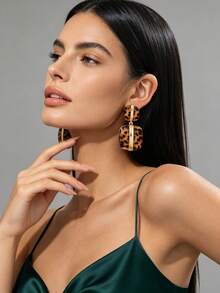 1 Pair 3D Double Layer Leopard Print Exaggerated Dangle Earrings, Gold Rim Vintage Tortoiseshell Long Earrings, Women's Wild Style Accessory - Yellow Gold - View 2