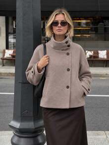 Vintage Stand Collar Short Wool Blend Jacket, Long Sleeve With Side Pockets - Light Grey - View 9