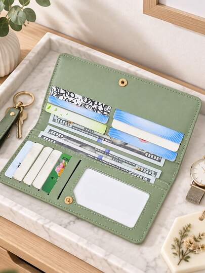 Slim Faux Leather Long Wallet Multi Compartment Card Purse Portable Passport And Cash Storage Bag Lightweight Travel Document Holder