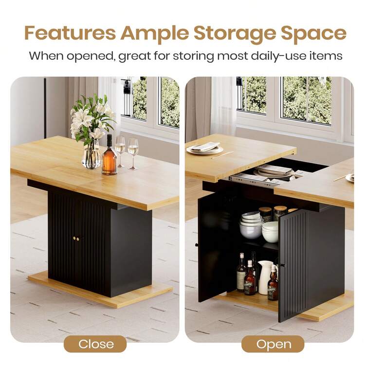 Extendable Dining Table And Chairs Set Of 6, Rectangular Dining Table With Storage Rack And Padded Chairs, Durable Dining Furniture Set Suitable For Dining Room And Kitchen - Wood & Black Table + Black Linen Chair - View 3