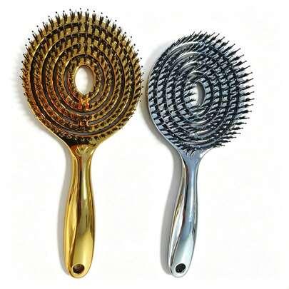 Wild Boar Bristle Brush, Shiny Silver Dual-Tone Coating, Massage Comb, Can Increase Hair Volume And Styling, Hollow Lollipop Shape Massage Comb, Can Detangle Hair