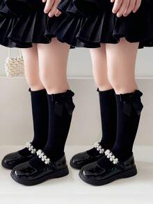 2 Pairs Girls' Bow Knee-High Socks, Elastic Comfortable Breathable Casual Holiday Birthday Party Daily Wear, Suitable For All Seasons - Multicolor - View 13
