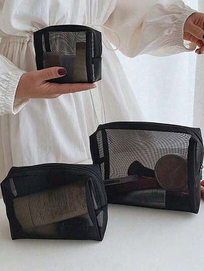 1/2/3pcs Black Minimalist Nylon Mesh Makeup Bag Set, Large Capacity Travel Makeup Storage Box, Toiletries Organizer, Transparent Essential Gift Storage Zipper Accessories Nail Bag, Makeup Bag, Cosmetic Bag, Wash Bag, Desktop Organizer
