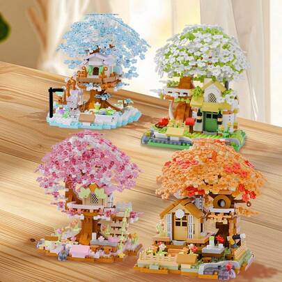 690PCS 4 Styles Four Seasons Cherry Blossom Tree House Building Blocks Toy Set, Spring Summer Autumn Winter Creative Decorative Ornament, Micro Particle Plastic Building Blocks Toy Assembly Model For Adults, Desktop Decor, Gift Set