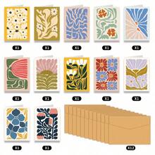 12 Pack Medieval Modern Floral Greeting Card Set, Includes Envelopes/Thank You Cards/Blank Cards/Floral Cards/Gold Monstera Leaf Pattern Envelopes/Kraft Paper Envelopes, Back To School Essentials - Multicolor - View 9