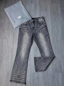 Black Gray Washed Micro Flare Denim Jeans, Street Style Layered Denim Pants, Stacked Layered Micro Flare Denim Jeans, All Season Wear Daily Commute Flare Denim Jeans - Grey - View 4