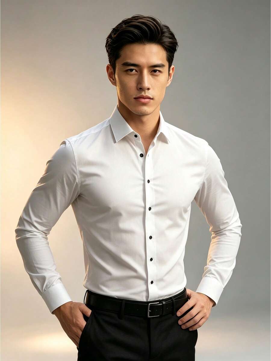 Men's Business Casual Long Sleeve Solid Dress Shirt, Versatile, For Fall - White - View 1