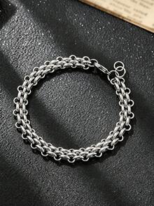 1件男士不鏽鋼 interlocking 鏈條手鍊，日常街頭風時尚配件 - 銀色 - 查看 2