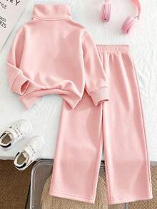 2pcs/Set Baju Sweatshirt dan Celana Panjang Motif Pita Bordir untuk Anak Perempuan, Pakaian Nyaman Modis untuk Musim Gugur/Dingin - Berwarna merah muda - View 3