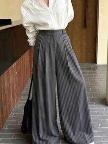 Vertical Striped High-Waist Pleated Wide Leg Suit Pants, Women's Loose Formal Trousers - Grey - View 10