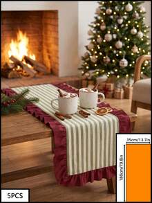 1pc Green & White Fine Striped With Burgundy Ruffle Edge Table Runner, Christmas Country Style Fabric Material, Rectangular Shape With Burgundy Ruffle Edge Patchwork Detail Decoration, Beautification And Stain Protection For Tabletop, Suitable For Christmas Fireplace Decor And Winter Holiday Home Scenes - Red - View 13