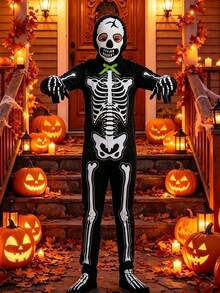 4pcs Boys' Glow-In-The-Dark Horror Bowknot, Skeleton Jumpsuit Costume For Halloween Cosplay Party Performance - Multicolor - View 2