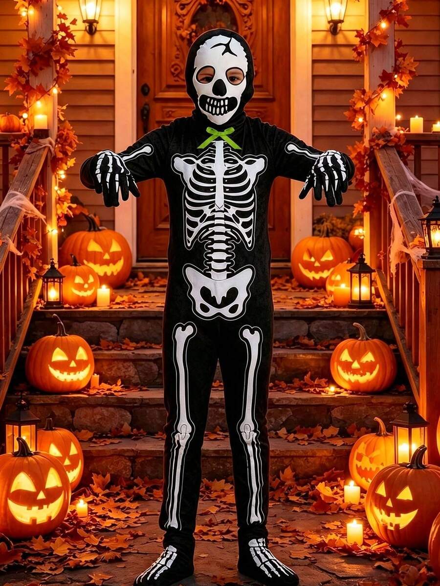 4pcs Boys' Glow-In-The-Dark Horror Bowknot, Skeleton Jumpsuit Costume For Halloween Cosplay Party Performance