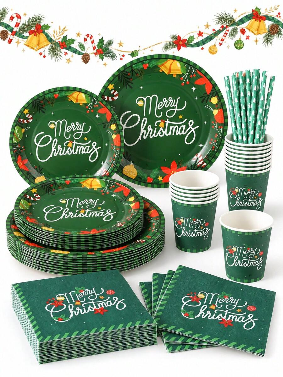 10/20pcs Christmas Disposable Paper Tableware Set, Includes 7-Inch And 9-Inch Plates, Cups, Napkins And Straws; Featuring Deep Green "Merry Christmas", Poinsettia And Bell Decorative Patterns, Suitable For Christmas Parties, Holiday Dinners, Winter Celebrations And Holiday Table Decor. - Multicolor 3 - View 1