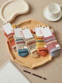 5 Pairs Women Retro Color Block Striped Mid-Calf Socks, Soft Cozy Warm Casual Socks For Fall Winter - Multicolor - View 4