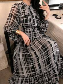 Women's Elegant Long Sleeve Modern Fashion Plaid Print Patchwork Design High-End Elegant Luxury Flare Dress - Multicolor - View 3