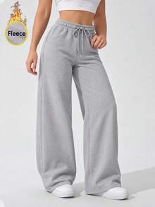 Women's Thermal Lined High Waist Wide Leg Sweatpants With Drawstring Relaxed Fit Casual Lounge Pants For Everyday Wear. - Grey - View 2