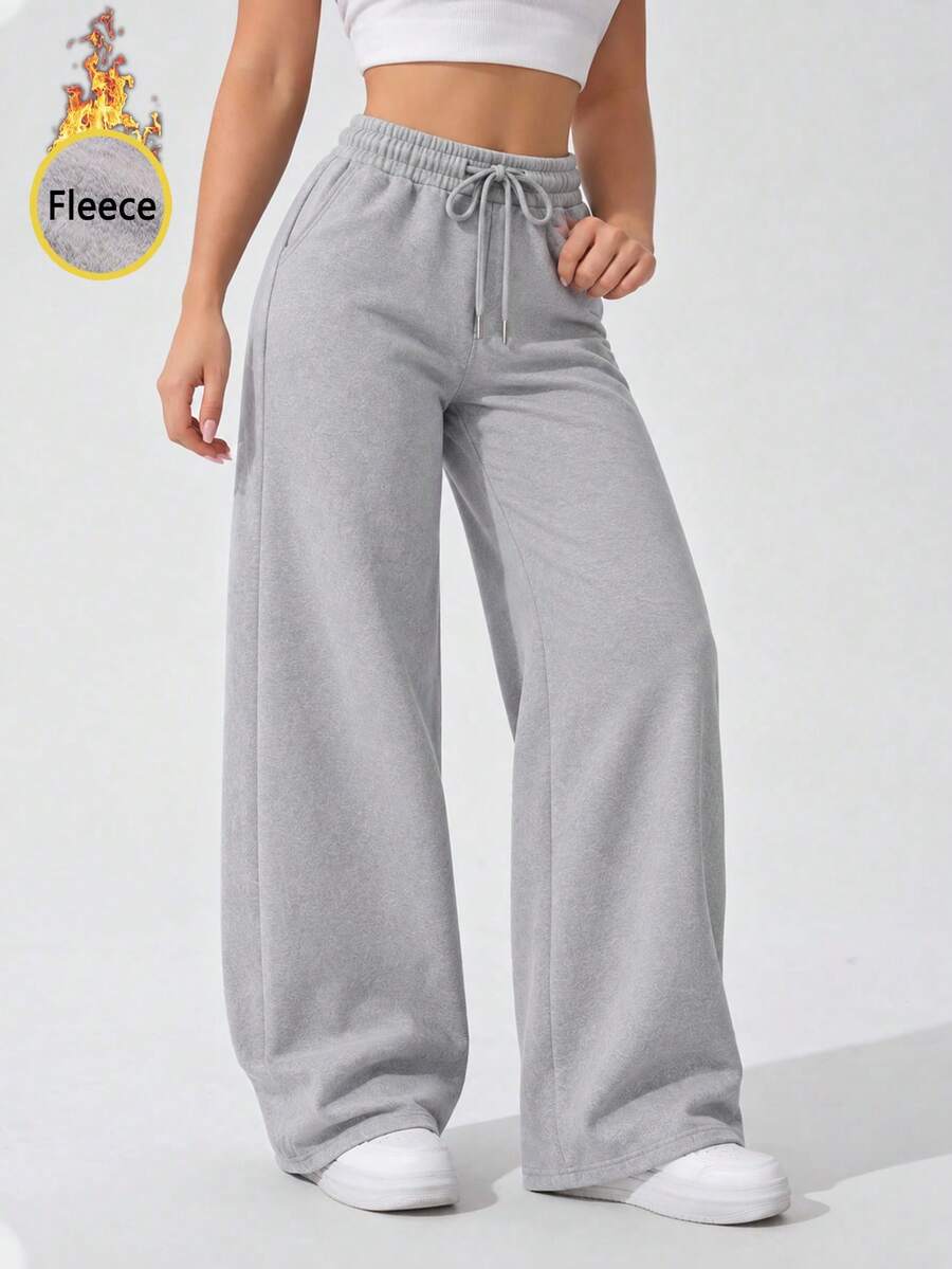 Women's Thermal Lined High Waist Wide Leg Sweatpants With Drawstring Relaxed Fit Casual Lounge Pants For Everyday Wear. - Grey - View 1