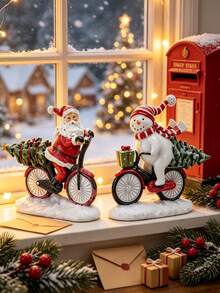 Santa Claus & Snowman Riding Bicycle Statue, Resin Christmas Desktop Decor, Holiday Decoration, Cute Christmas Tabletop Ornament, Suitable For Home Fireplace, Windowsill, Shelf Decoration, Perfect Christmas Gift For Family And Friends - Snowmobile - View 2