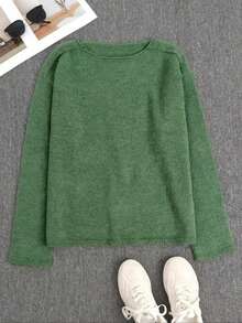 Plus Size Women's Knit Sweater, Soft Comfortable Mid-Stretch Crew Neck Pullover Long Sleeve Knit Top - Green - View 2