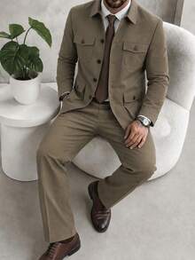 Men's Formal Suit Jacket And Pants Set, Casual Fashion Design, Spring/Autumn Daily Wear, 2 Pieces Suit - Khaki - View 4