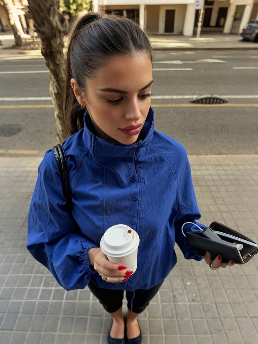 ZAHM Fall And Winter Women Stand Collar Button Down Jacket, Ruched Long Sleeve Drawstring Hem Cropped Casual Outerwear - Blue - View 1
