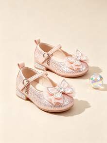 1 Pair Little Girls Pink Mary Jane Princess Shoes, Glitter Rhinestone Butterfly Decor Low Heel Ankle Strap Kids Pumps For Wedding Party Birthday - Pink - View 1