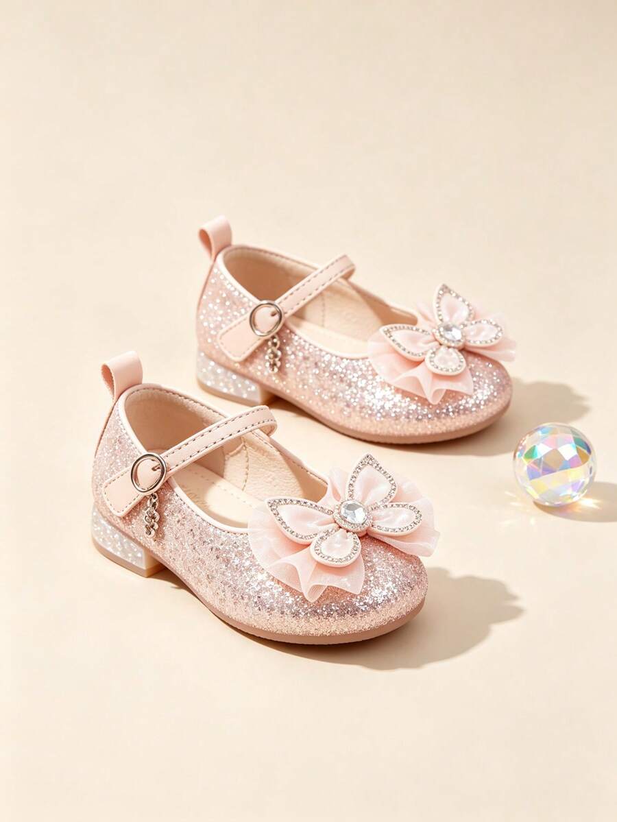 1 Pair Little Girls Pink Mary Jane Princess Shoes, Glitter Rhinestone Butterfly Decor Low Heel Ankle Strap Kids Pumps For Wedding Party Birthday - Pink - View 1
