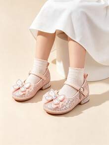 1 Pair Little Girls Pink Mary Jane Princess Shoes, Glitter Rhinestone Butterfly Decor Low Heel Ankle Strap Kids Pumps For Wedding Party Birthday - Pink - View 2