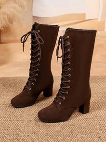 2026 New Round Toe Chunky Heel Women's Ankle Boots, Height-Increasing Versatile Lace-Up Ankle Boots For Autumn/Winter - Brown - View 2