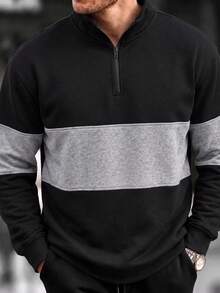 Men's Black & Gray Striped Contrast Half-Zip Sweatshirt, Drop Shoulder Pullover Casual Sweatshirt For Autumn/Winter/Spring - Black - View 9