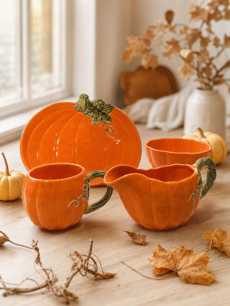 Ceramic Pumpkin Gravy Boat, Fall Halloween Thanksgiving Table Decor Sauce Pitcher - Pumpkin Tableware Multi-color - View 1